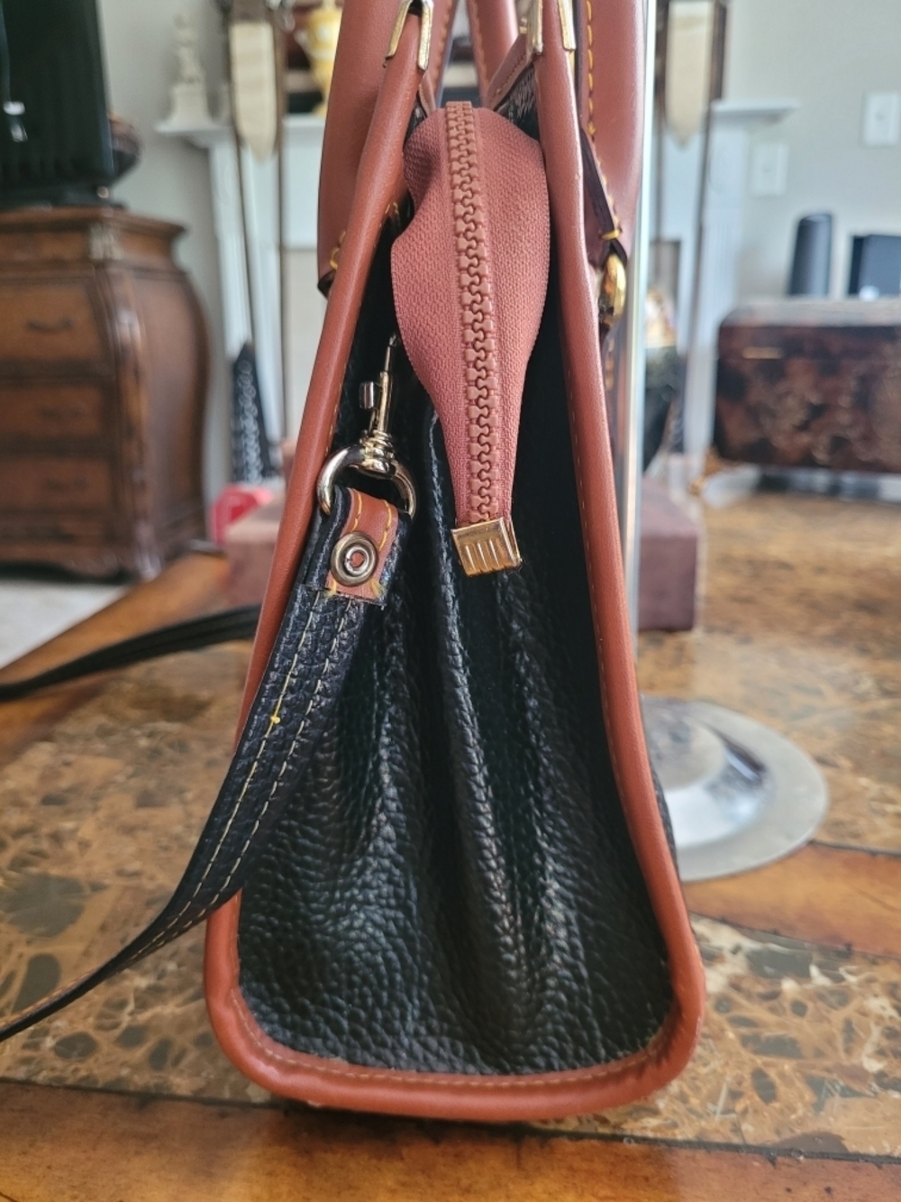 Dooney & Bourke Black and Brown Pebbled Leather Satchel - Picture 4 of 8